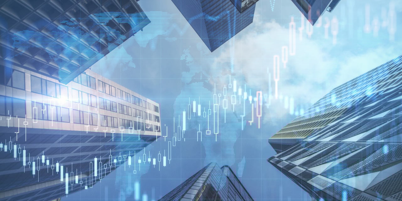 Abstract graphic of a worms eye view of skyscrapers overlaid with a map of the globe and line graphs