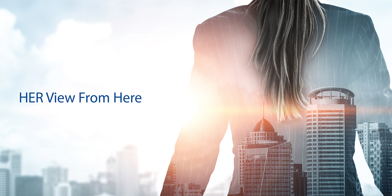 HER View From Here text over a double exposure image of a woman and a city skyline.